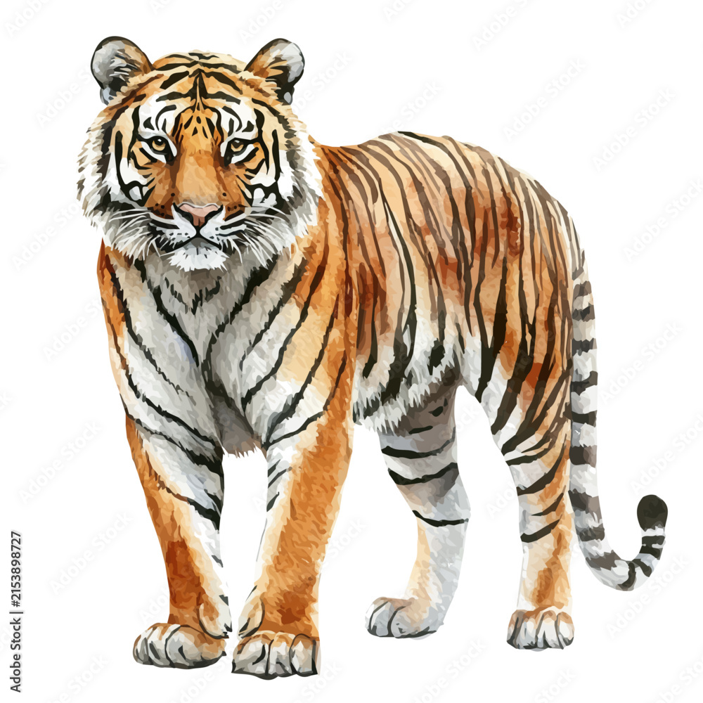 Obraz premium Tiger, watercolor artwork with bold brush accents and dynamic composition, isolated on a white background.
