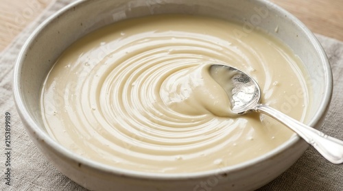 Bild auf Leinwand Creamy White Sauce in a Bowl with Spoon, Smooth Textured Homemade Cooking Ingred