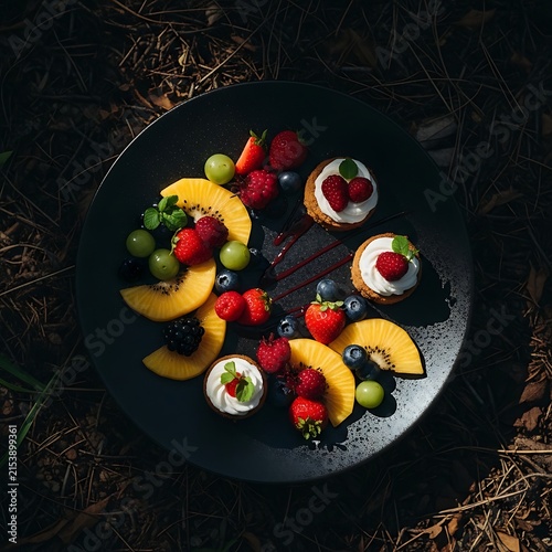 Fresh summer fruit and whipped cream dessert on black plate