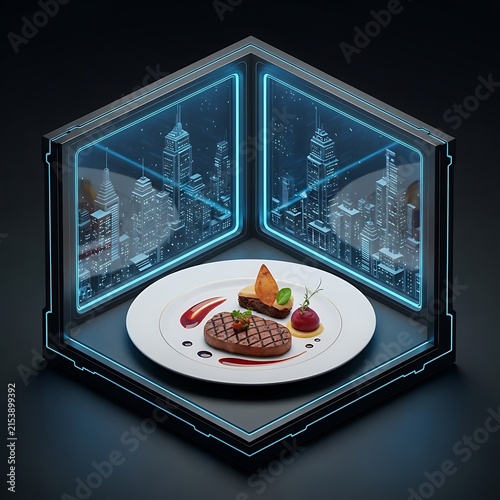 Gourmet grilled steak dinner in a digital futuristic corner booth