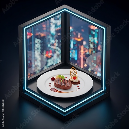 Elegant plated dessert inside illuminated modern city view display