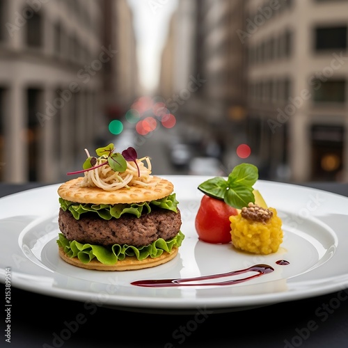 Gourmet mini beef burger with waffle bun and city view, restaurant