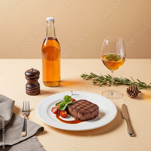 Grilled beef steak with cherry tomatoes and wine on table, steakhouse