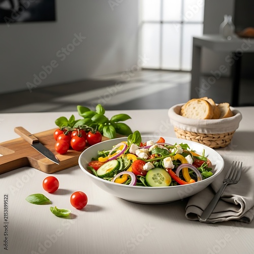 Fresh garden salad with feta cheese and cherry tomatoes, cucumber