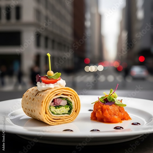 Vegetable crepe roll with smoked salmon on white plate, vegetable