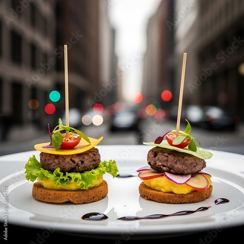 Two mini gourmet sliders on a white plate in urban city setting