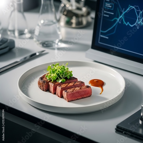 Sliced medium rare beef steak served on a white plate in a laboratory