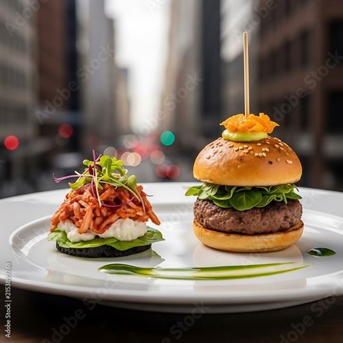 Gourmet beef burger slider with city street background, restaurant