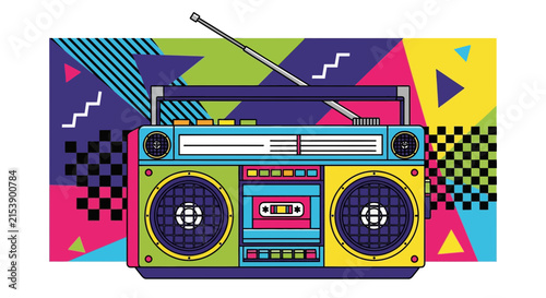 Colorful retro boombox illustration with eighties style geometric patterns and vibrant background.