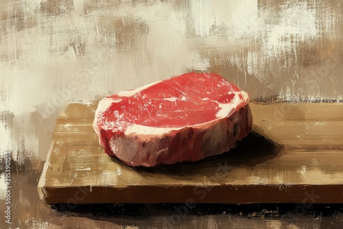 Raw Steak Resting on a Wooden Surface, Oil Painting