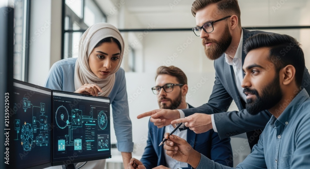 Obraz premium Team of specialists collaborating to implement multilayered supply chain cybersecurity.