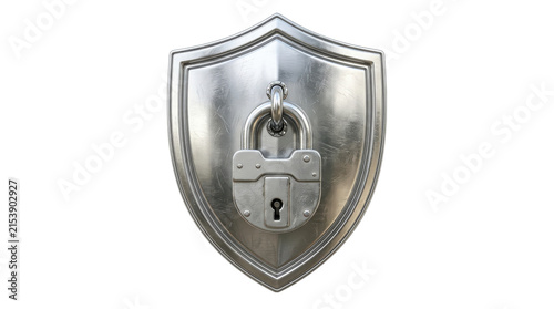 Polished metallic shield secured with vintage padlock, symbolizing protection and safety against cyber threats in a studio setting.