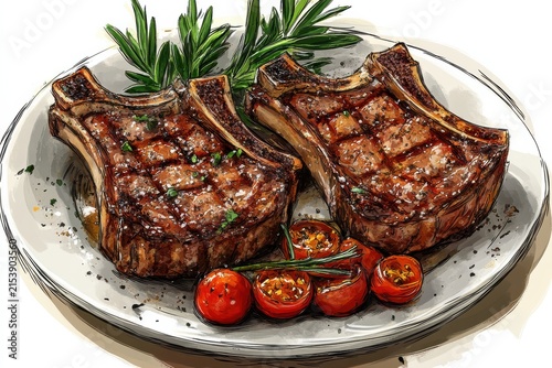 Juicy Ribeye Steaks with Tomatoes and Rosemary, Cartoon Style Drawing