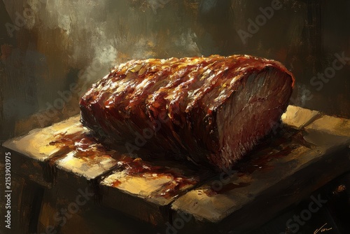 Juicy Beef Brisket Glazed with Sauce on a Wooden Board
