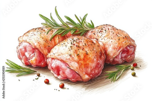 Hand-drawn Sketch of Raw Seasoned Chicken Thighs with Rosemary