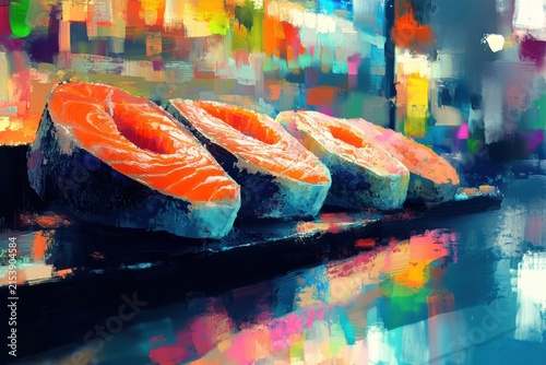 Fresh Salmon Steaks in a Vibrant Market Display