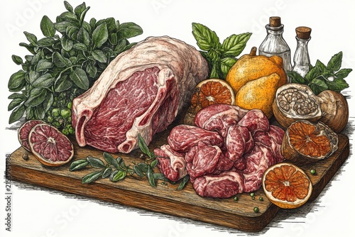 Fresh Raw Beef Cuts with Herbs and Citrus on Wooden Board
