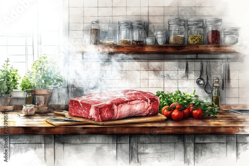 Fresh Beef Chuck Sketch on Kitchen Counter