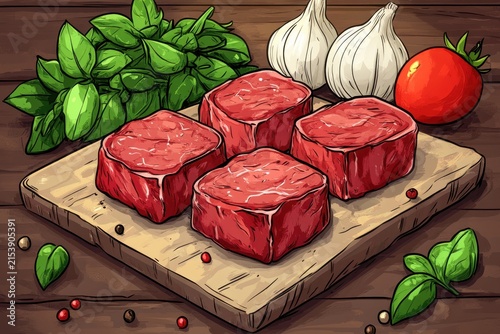 Four Raw Steaks on a Wooden Board with Kitchen Ingredients