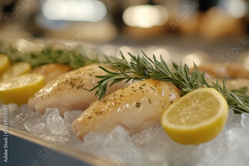 Cooked Chicken Breasts with Rosemary and Lemon on Ice