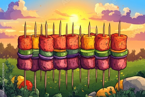 Colorful Beef Skewers Ready for Grilling at Sunset Backyard Party