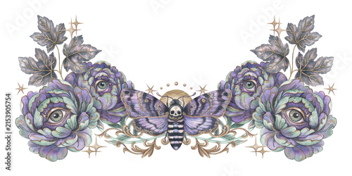 Dark moth with eye peonies flower. Hand drawn watercolor opulent border with purple blossom and gold baroque ornament. Witchcraft graphic for halloween poster template or gothic wedding design.