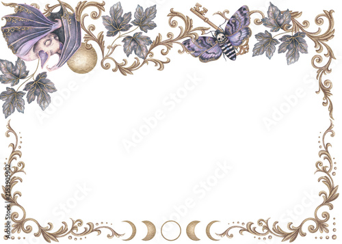 Gothic frame with sleeping bat and death head moth. Hand drawn watercolor opulent background with ivy leaves and gold baroque ornament. Ornamental graphic template for halloween poster or card design.