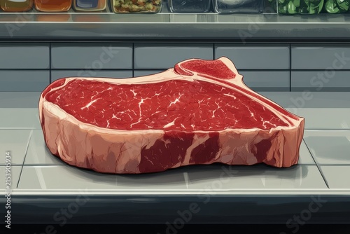 A Raw T-bone Steak with Bold Outlines in a Market Setting