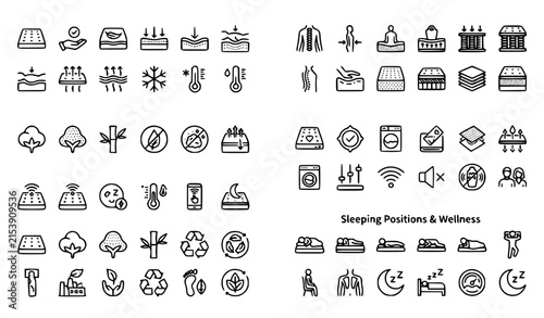 Mattress Feature and Sleep Wellness Line Icon Pack with Eco Materials Smart Technology and Support