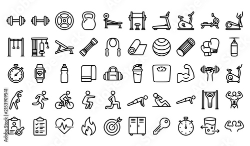 Gym and Fitness Line Icons Set with Workout Equipment Exercise Training and Editable Stroke Vector