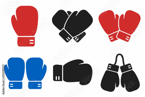 Collection of six boxing glove vector icons in red, black, and blue. Minimalist flat design featuring single and paired gloves on a white background for sports and fitness projects.