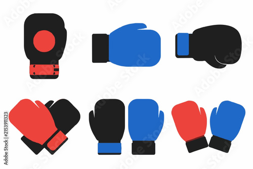 A minimalist collection of boxing glove icons featuring red, blue, and black designs. These flat vector illustrations show various glove angles and pairs, perfect for sports and gym branding.