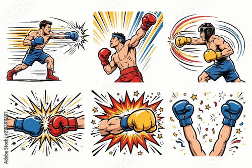 A set of six dynamic comic book style illustrations featuring boxers punching gloves colliding and a victory pose with confetti characterized by vibrant colors and action lines.