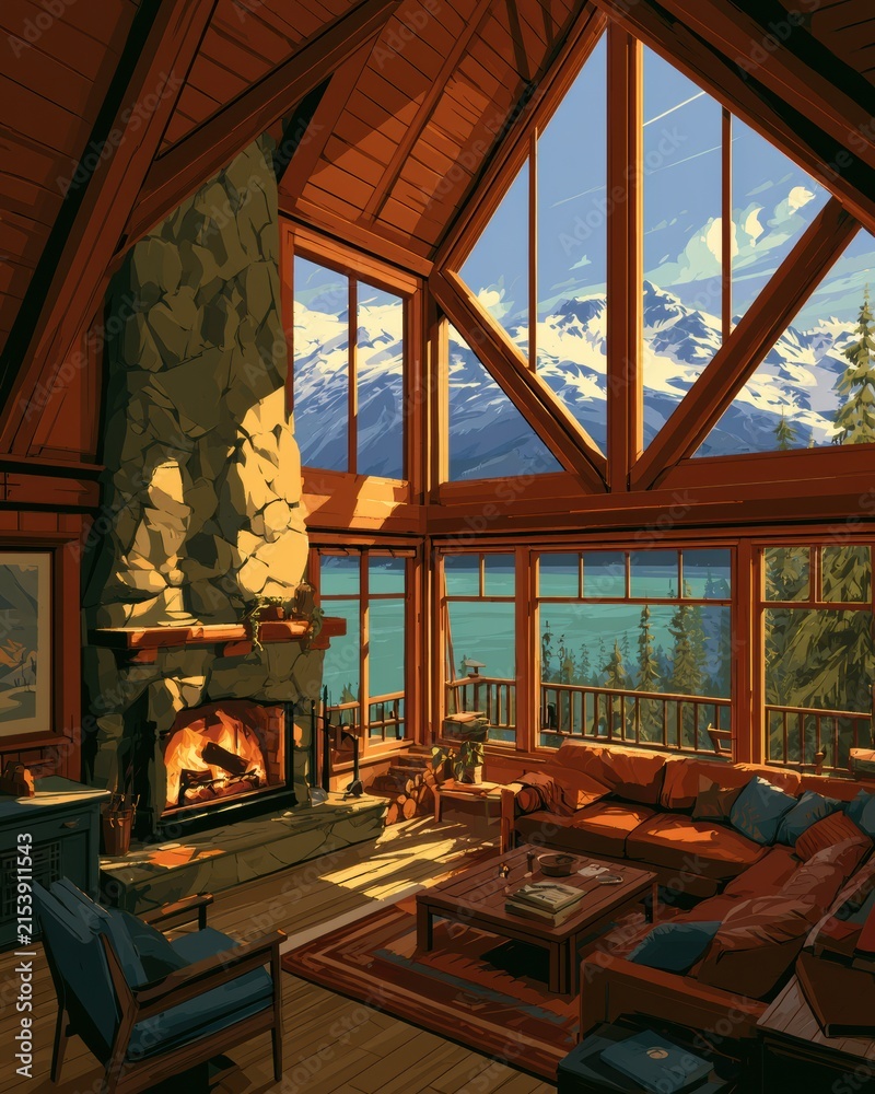 Fototapeta premium A cozy lodge interior shows a fireplace, large windows, and a view of mountains and trees. Visitors relax in warm tones and a friendly atmosphere.