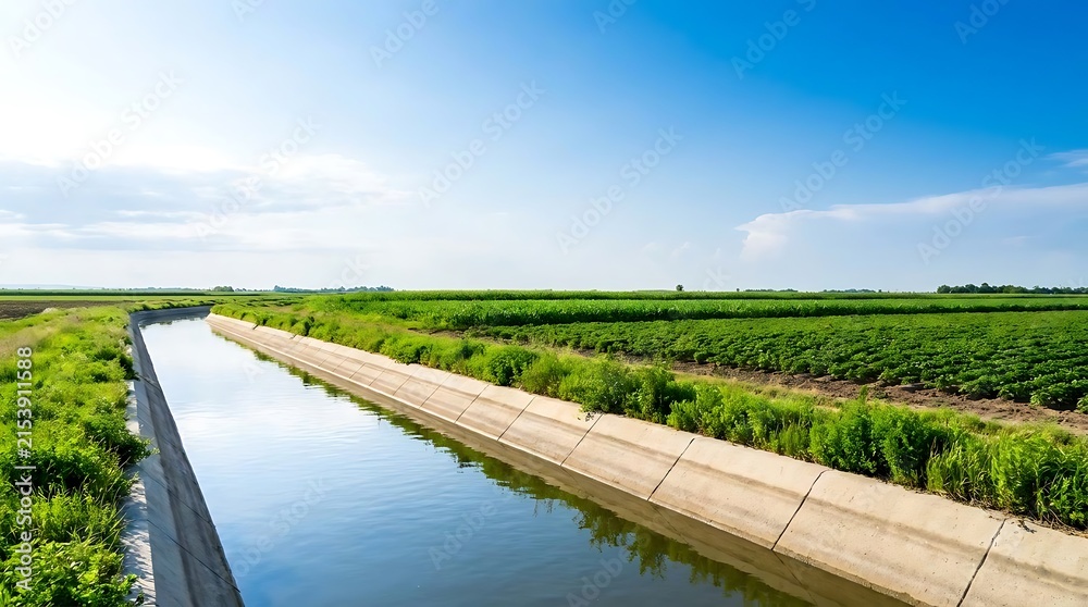 Fototapeta premium An irrigation canal providing water to fields in the Nampa farming area with green crops growing in rows under a clear blue sky on a sunny summer day