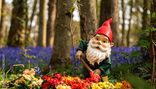 Garden gnome figurine with a shovel standing in a flower bed of colorful primroses in a forest with bluebells