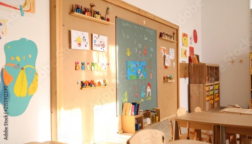 Empty Classroom in a Kindergarten with Children's Artworks and Chalkboard