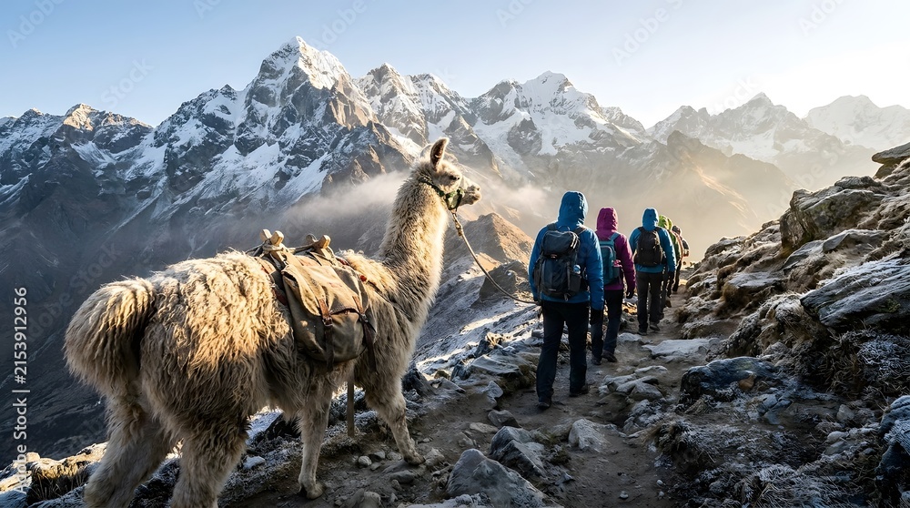 Naklejka premium Adventurous Group Hikers with Llama on Mountain Trail