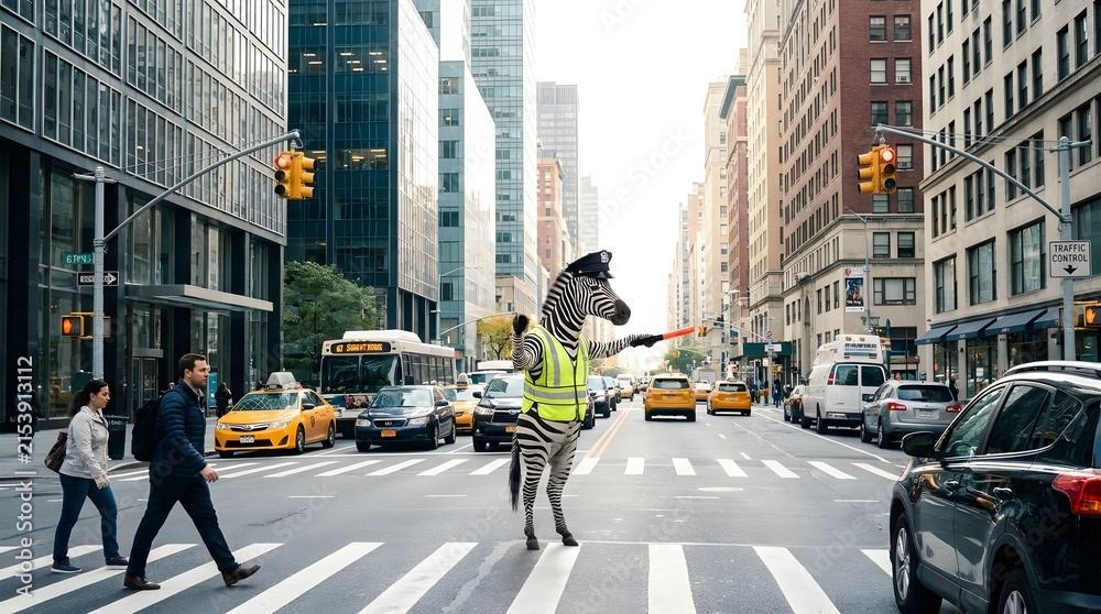 Fototapeta premium Zebra Crossing Guard in Neon Safety Vest Directing Traffic in Busy City Street