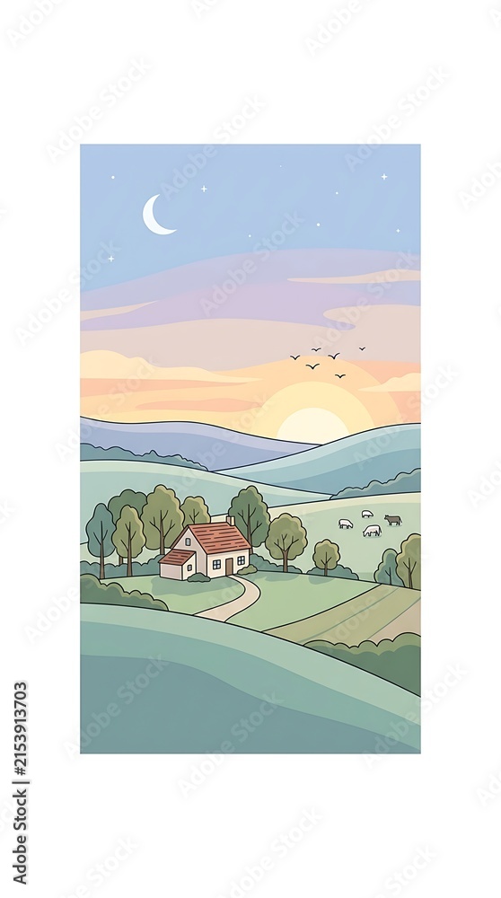 Fototapeta premium Scenic Rural Landscape with Car Driving on a Road Near Beach, Village Houses, Green Fields, Trees, Mountains and Bright Summer Sky Vector Illustration