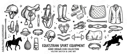 Hand-drawn equestrian sport equipment collection isolated on white