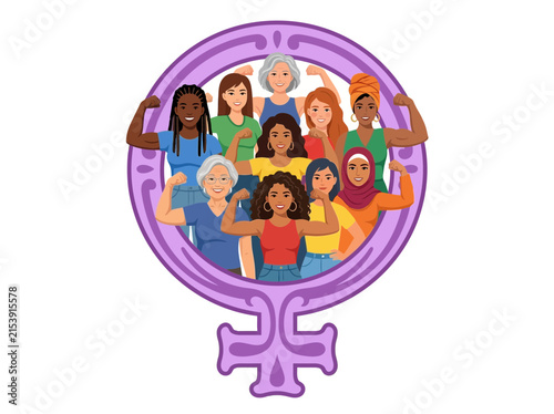 Fotografía Diverse group of women showing strength and unity inside a female gender symbol