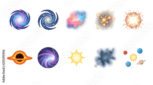 Cosmic space phenomena set featuring colorful galaxies stars and planetary systems