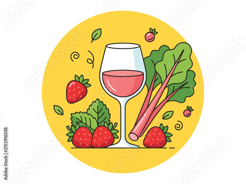 Vector illustration of a glass of wine with fresh strawberries and rhubarb on a yellow circle background.