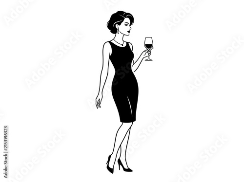Elegant woman in a black dress holding a glass of wine illustration.
