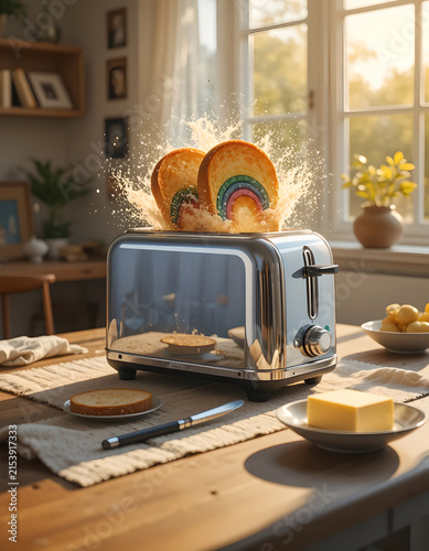 Rainbow Toast Popping Out of Chrome Toaster in Bright Kitchen