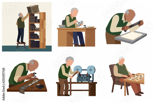 Foto Flat vector illustration set of an elderly man archivist preserving old film ree