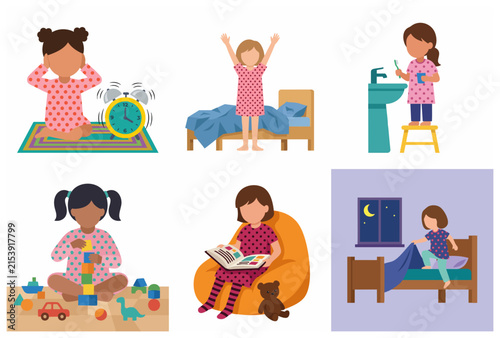 Vector illustration set of a little girl's daily routine activities from morning to night