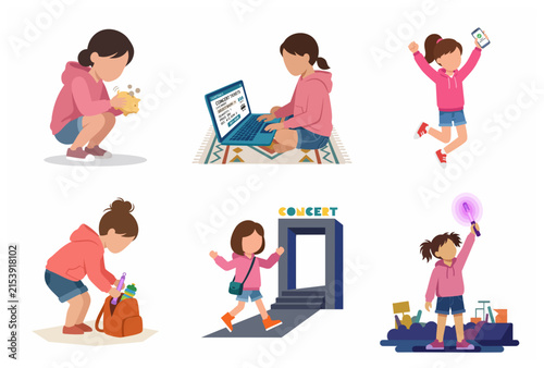Process of Young Girl Saving Money, Buying Tickets and Attending Music Concert Illustration Set