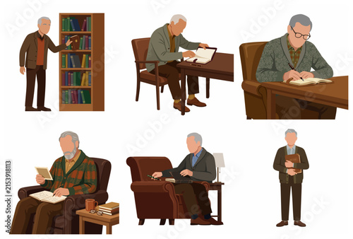 Flat vector illustration set of an elderly man reading books, writing in a diary, and reminiscing. Concept of retirement, lifelong learning, and nostalgia for senior lifestyle.